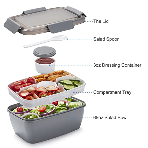 Image of Freshmage Salad Lunch Container To Go, 68-oz Grey-XL, Leak-proof Lid, 4 Compartments, Sauce Container, Safe Material, Easy Carry