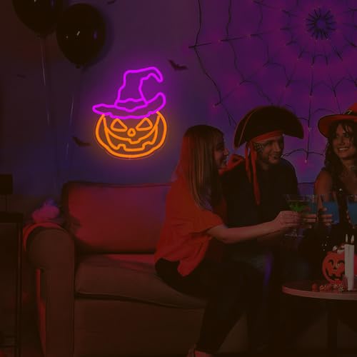 Image of Halloween Neon Sign Dimmable Pumpkin Neon Sign for Wall Decor Halloween Pumpkin Neon Window Lights for Halloween Party Light Up Pumpkin Halloween Decor for Bedroom, Kids Room