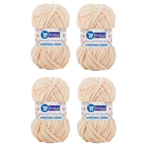 Image of ProKart Premium Blankie Wool, Plush & Cuddly, Chenille Yarn Supersoft Hand Knitting Wool Ball | Blanket Thick /Mottu Yarn Ball Suitable for Hand Knitting and Crocheting for Baby, Adult, Sweaters, caps, Throws, Home Furnishing, Scarves, Blankets (Beige, 100gms x 4 Pack)