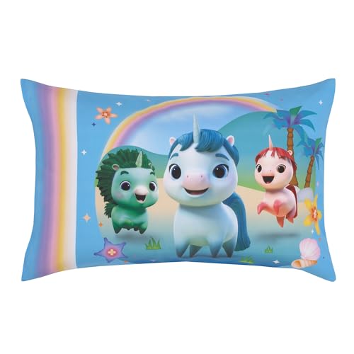 Image of DreamWorks Not Quite Narwhal Make A Splash Blue and Lavender, Unicorn Kelp, and Friends 4 Piece Toddler Bed Set - Comforter, Fitted Bottom Sheet, Flat Top Sheet, and Reversible Pillowcase