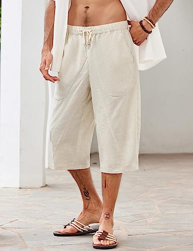 Coofandy Mens Capri Pants Linen Elastic Waist Casual Loose Yoga Summer Beach, Khaki, Xx-Large #TOP3