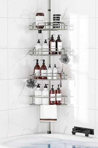 HAMITOR Etagere Douche Telescopique Angle: 4 Etages en Metal Etagere Salle de Bain Sans Percage, Bathroom Rangement Pour Shampoings, Savons & Gels de Douche...