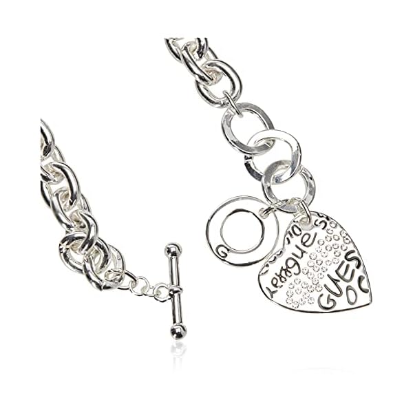 GUESS "Basic" Silver and Crystal Graffiti Heart Toggle Charm Bracelet