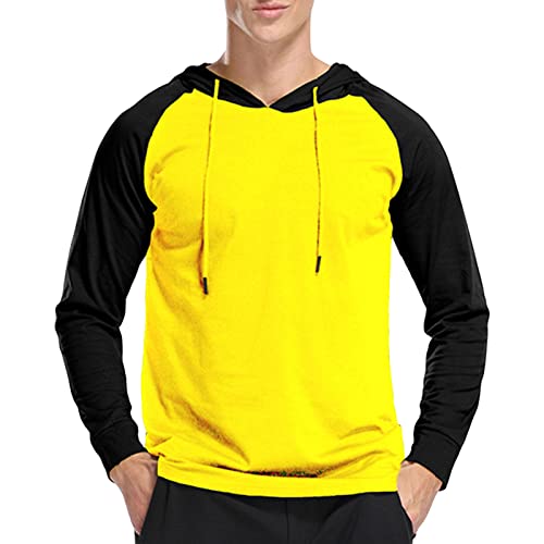 Men's Color Block Athletic Hooded Shirts Long Sleeve Workout Sport Sweatshirt Casual Running T Shirt Pullover Top (X-Large,Yellow)