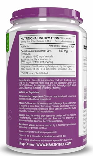 Image of HealthyHey Nutrition Gotu Kola Extract Supplement, Adaptogen for Brain & Nervous System Support, Calming, Mental Clarity - 60 Capsules, Non GMO, Gluten Free, Vegan