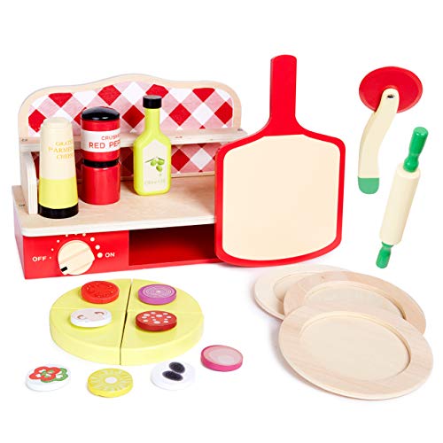Pizza Oven Toy Play Set - Pretend Play Wood Cooking Set for Kids