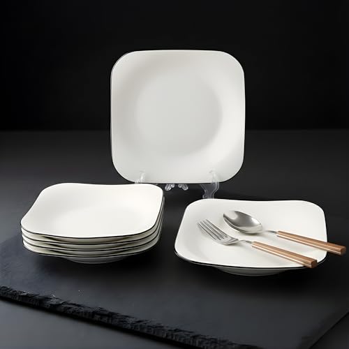 Image of 7.5 Inch Modern White Ceramic Square Serving Plate, Elegant Porcelain Dessert & Salad Plate with Minimalist Black Rim, Stackable Nordic Style Dishware for Appetizer, Fruit, and Sushi (Set of 6)