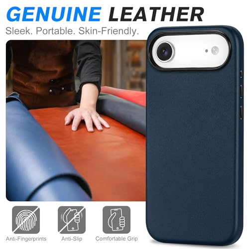 Image of SHIELDON Genuine Leather Case for iPhone Air 6.5 inch 2025, Navy Blue | for MagSafe, Magnetic Wireless Charging, Camera Button, Metal Buttons, Camera Bezel, Non-Slip, Shockproof, Anti-Scratch, Slim