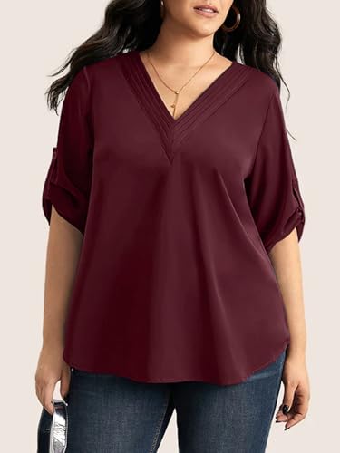 SCOMCHIC Women's Plus Size Blouses 3/4 Cuffed Sleeve Dressy Tunic Tops V Neck Casual Loose Blouse Pleated Shirts2