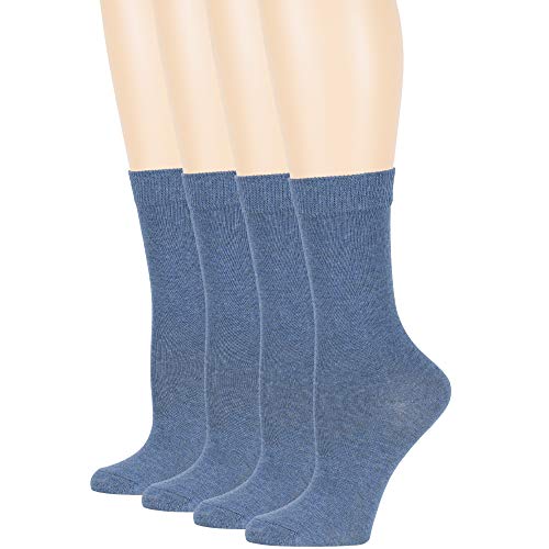 7Bigstars Kingdom Women's Cotton Dress Socks - 4 Pack Large - Solid Casual Crew Calf Business - Sock Size 10-12 Shoe Size 8-12 L Denim Blue #TOP14