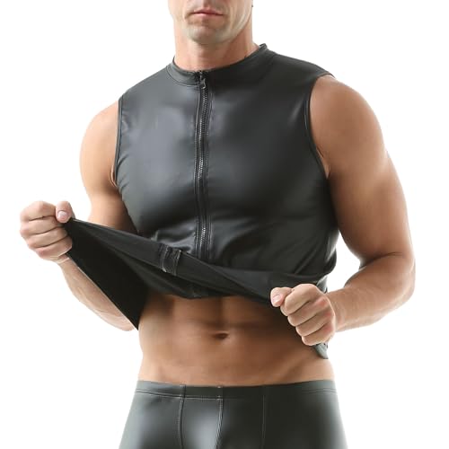 QiaTi Men's Faux Leather Vest Undershirt Sleeveless Tank Top Zipper Stand Collar Shirt Muscle Waistcoats Fit Athletic4