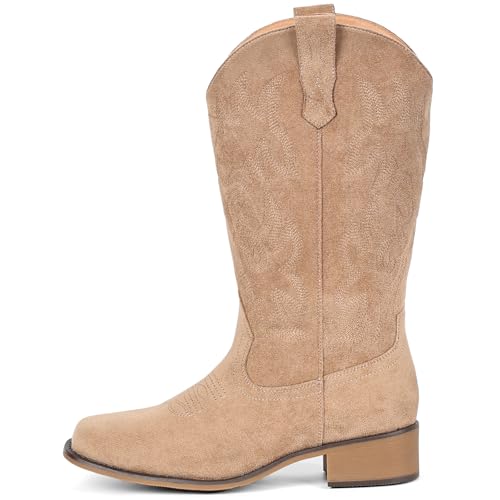 Image of IUV Cowboy Boots For Women Square Toe Wide Mid Calf Western Pull On Suede Fashion Black Brown Cowgirl Boots