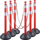 OranLite 6 Pack 40' inch Work Zone Chain Post Set, Traffic Delineator Post Cones with Reflective Tapes, 6 x 6.6' Feet Plastic Chains, Portable Crowd Control Stanchion Set (Red-Water Filled Base)