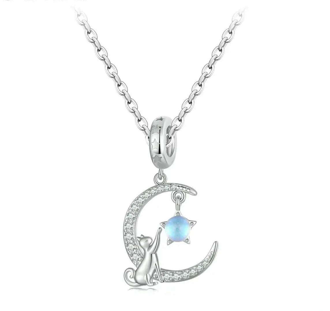 Collier lune et chat argent 925 pendentif ras de cou ajustable - 5