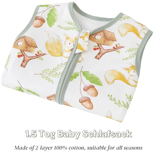 Chilsuessy Baby Schlafsack mit Beinen 1.5 Tog, 100% Baumwolle, Ganzjahres Schlafsack, Babyschlafsack, Eichhörnchen, 70cm/Baby Höhe 75-85cm