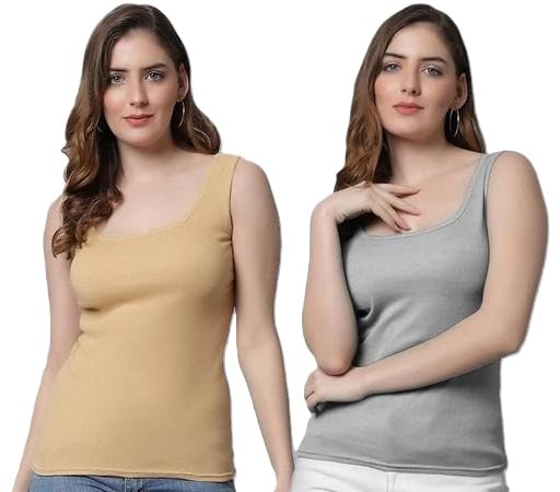 Women Cotton Camisole Pack of 2 Cream & Grey Sleeveless Spaghetti Tank Top Soft Comfortable Inner & Casual Top-image-9