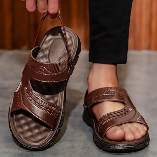 Mens Sandals Leather Outdoor Casual, Slip on Open Toe Slipper for Outdoor Beach Walking Anti Slip Breathable Hiking Beach Sandals 5