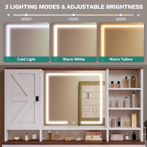 DWVO L Makeup Vanity Desk with Mirror and Lights, Farmhouse Big Lighted Vanity Table Set with 6 Drawers and Cabinet Shelves, 360° Rotation Large Dressing Table for Bedroom, White
