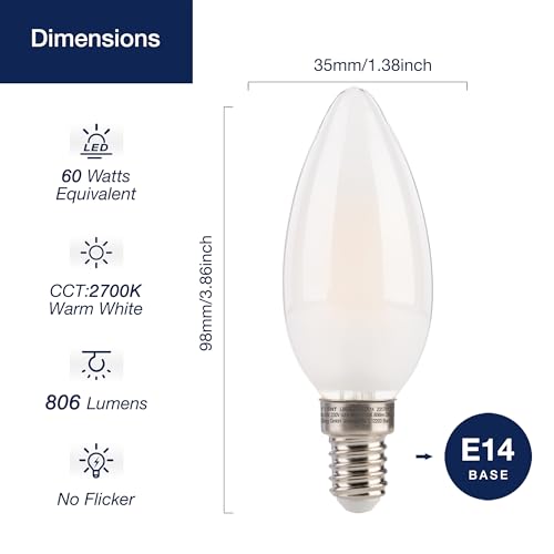 FLSNT E14 LED Light Bulb 60W Equivalent, 6.5W C35 E14 Dimmable Bulb, Candle Bulbs Small Screw 2700K Warm White, 806LM, Pack of 4 - Image 3