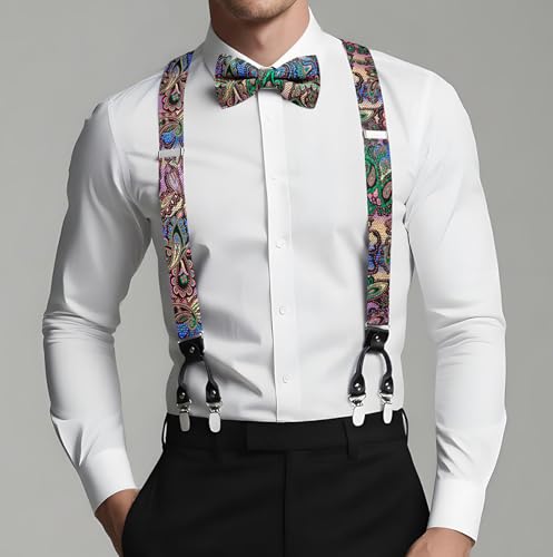 Image of Dubulle Suspender and Bow Tie for Men Paisley Solid Mens Suit Braces Pretied Bowtie and Handkerchief Cufflinks Formal Wedding
