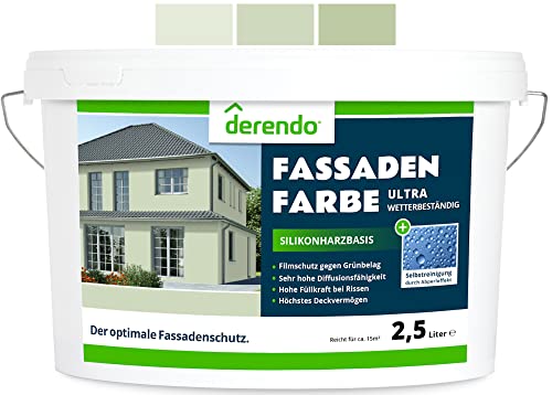 derendo Silikonharz Fassadenfarbe grün mit ULTRA Wetterschutz, 2,5l, Abperleffekt wie beim Lotus Blatt , inkl. Filmschutz gegen Grünbelag, (Hellgrün E43040) Cover
