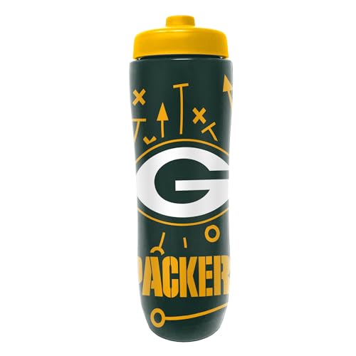 Image of Party Animal NFL Football Squeeze Bottle, 32 oz, Green Bay Packers | Slim, lightweight BPA-free sports water bottle with quick-flow squeeze; fits backpacks & cup holders for kids or adults