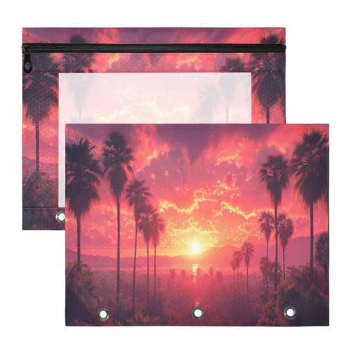 ATTX Pacote com 2 bolsas para fichário de palmeiras do pôr do sol - Bolsa impermeável com zíper de 3 anéis com janela transparente, acessórios de material de escritório para estojos de lápis e