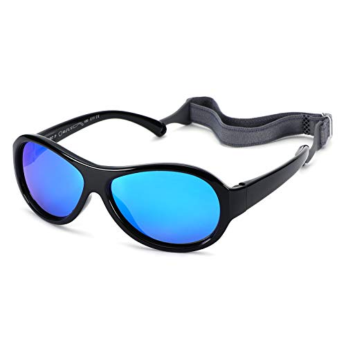 Pro Acme TPEE Toddler Polarized Aviator Sunglasses with Strap for Boys and Girls UV Protection Baby Flexible Frame Shades 0-2 (Black, Blue Mirrored)