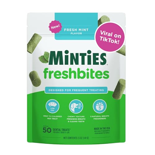Image of Minties FreshBites Soft and Chewy Dental Treats, Low Calorie Natural Mint Flavored Dental Chews for Dogs, 50 Count, Dog Chews Clean Teeth, Fight Bad Breath, Removes Plaque and Tartar