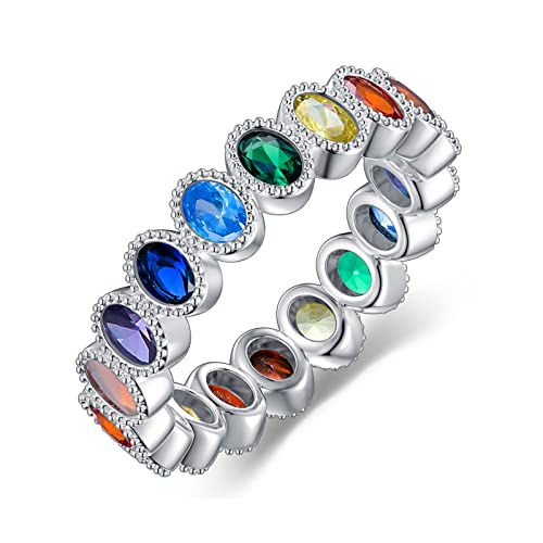 Chakra Ring 925 Sterling Silver Oval 7 Colorful Cubic Zirconia Chakra Rainbow Ring for Women Anniversary Presents