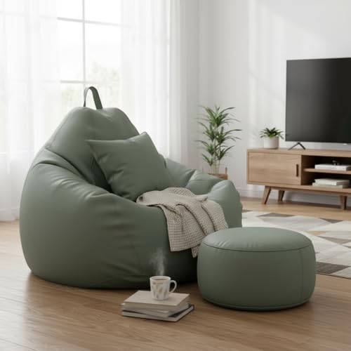Image of 6XL Jumbo Premium Bean Bag Chair with Footrest & Cushion | Filled with High Density EPS Beans | Comfortable Sofa for Living Room & Bedroom | 6 Months Warranty, Color- (SAGE GREEN, 6XL, Premium)
