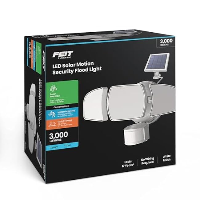 Feit Electric Outdoor LED Triple Head Solar Security Flood Lights with Motion Sensor, Dusk-to-Dawn Sensor, 3000 Lumens Floodlight, 5000K Daylight, No Hardwiring Needed, S13TFL/3000MOTSOL/WH