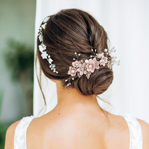 Haarschmuck für Brautjungfern, seitliche Haarkämme für Hochzeiten, Haarteile für die Braut, Blumenhaarnadeln für Frauen, Haarschmuck für Hochzeiten für Frauen und Mädchen (Rosa)