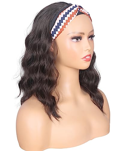Symeiw Shoulder Length Medium Brown Wavy Headband Wig For Black Women Curly Half Wigs With Headband Attached Synthetic Wrap Wigs Turban Wigs For Women(Brown) #TOP4