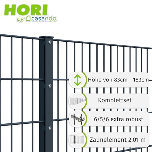 HORI Doppelstabmattenzaun Drahtstärke 6/5/6 mm Komplettset - je Gittermatte 201 cm - wahlweise mit Eckpfosten - verschiedene Längen und Höhen - Anthrazit Höhe 183 cm, Länge 2 m