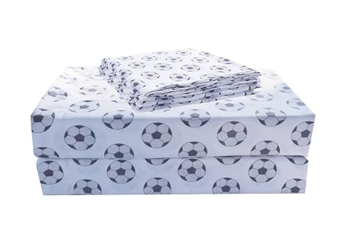 Chezmoi Collection 4-Piece Kids/Teens Sports Sheet Set - Soft Microfiber White Black Soccer Balls Full Size