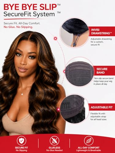 Image of Beauty Forever Bye Bye Slip Glueless Human Hair Wig for Black Women-Body Wave HD Lace Wig with Golden Brown Highlights,Pre Cut & Pre Plucked,Invisi Drawstring Secure Fit,7x5 Lace,150% Density 18inch