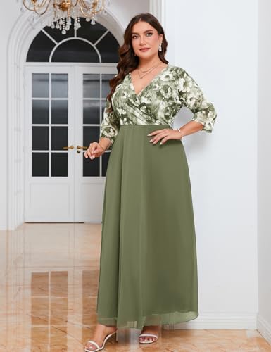 Image of ZOMVA Plus Size Maxi Formal Dress Lace Chiffon Floral V-Neck Wrap Wedding Guest Evening Gown Cocktail Prom 3 /4 Sleeves