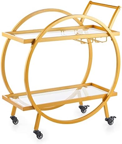VONLUCE Vintage Drinks Trolley on Wheels with Storage Shelves & Wine Glass Holders, 2 Tier Coffee Cart for Restaurant Bar Club Home Kitchen Storage, 81 cm Tall Rolling Side Table with Shelf, Gold