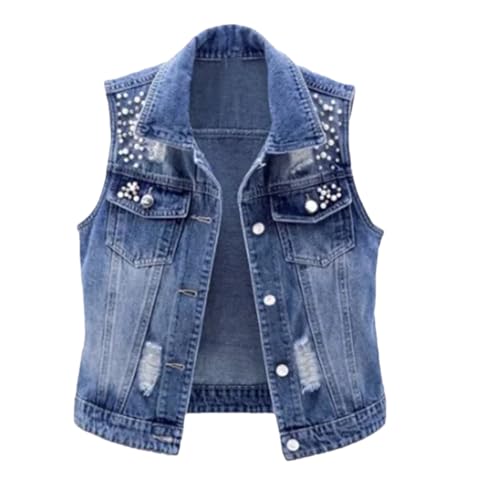 Women's Pearl Denim Vest Summer Jeans Jacket Sleeveless Tops Loose Short Coat Waist Coats Outerwear