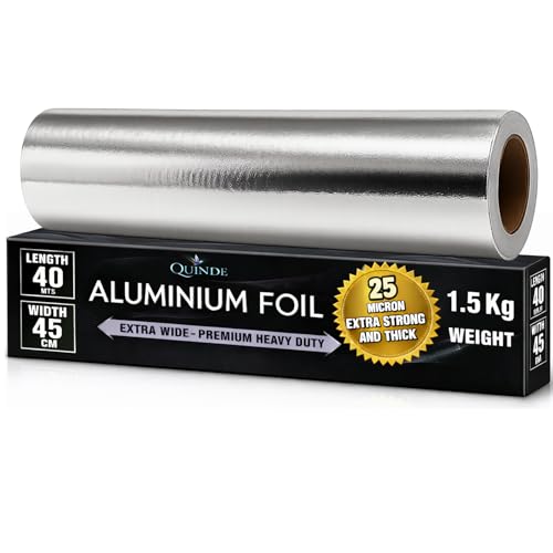 Extra Wide Catering Aluminium Foil 25 Micron Heavy Duty Foil Roll 40m x 45cm Professional Kitchen Foil for Roasting Trays Cooking & Food Prep Strong Tin Foil Roll Quinde