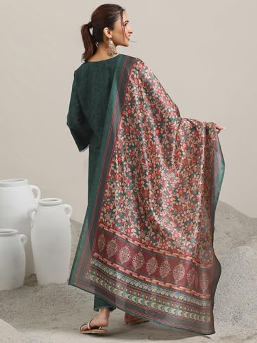Image of Libas Green Printed Silk blend A Line Kurta set for Women | daily wear suit