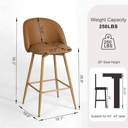 Homy Casa Set de 2 Butacos de Altura para Barra, Giro 360°, Asiento Tapizado en Poliuretano Marrón con Patas Metálicas Estilo Madera de Nogal – Ideal para Cocina, Comedor y Bar – Altura del Asiento 26 pulgadas miniatura 2