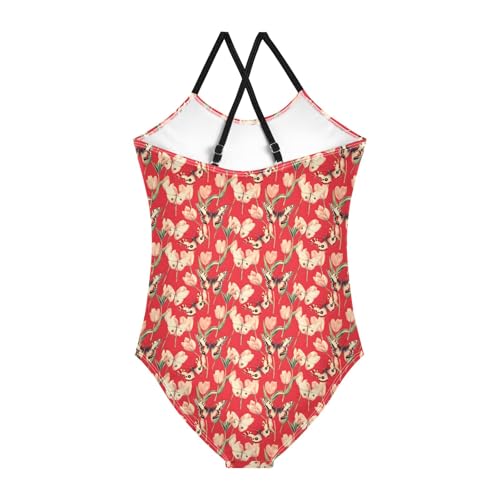 senya Girls Swimsuits One-Piece Swimwear Tie Bathing Suit Beach Summer Round Neck 9-10T Red Background Tulip Butterfly Pattern2