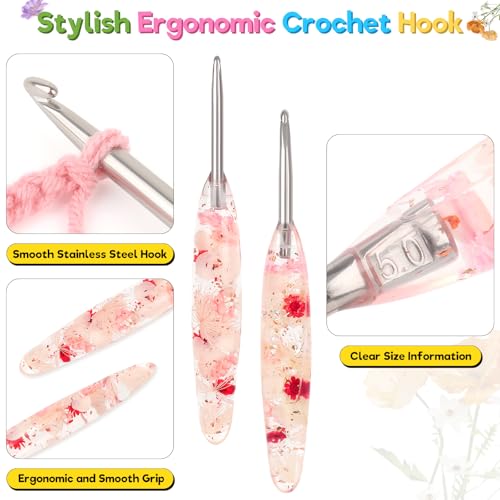 Image of Katech 5.0mm Crochet Hook for Arthritic Hands,Hand-Polished Stainless Steel | Ergonomic Crochet Hooks with Customized Sparkle Dried Floral Grip, Smooth Tapered Hook-Crochet Gift for Beginner & Crocheter