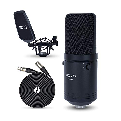Movo VSM5 Microphone à condensateur cardioïde XLR à grand diaphragme avec support antichoc, filtre antipop et câble XLR – Idéal pour chanteur, podcasting, streaming, radiodiffusion, ASMR, et plus