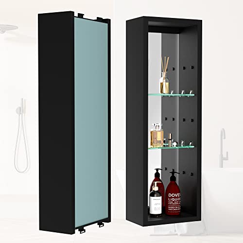 Ogonbrick Medicine Cabinet Exposed Shelves 30X10, Surface Mount Medicine Cabinets Aluminum Bathroom Medicine Cabinet With Adjustable Glass Shelves Black #TOP3