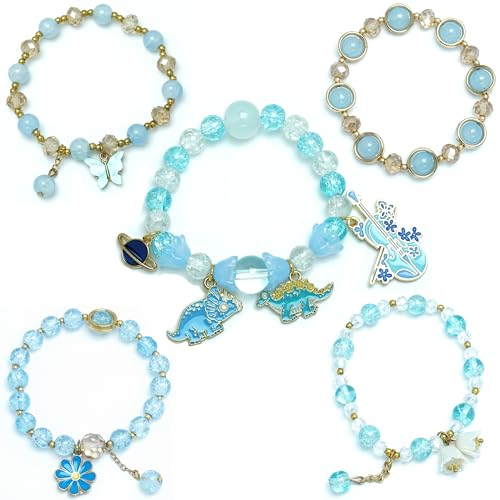 Image of 5PCS Beaded Charm Bracelets for Girls Dinosaur Dainty Kawaii Crystal Beads Bracelets Set for Teens Girls Adjustable Stretch Bracelet Birthday Graduation Gift For Daughter Niece Granddaughter