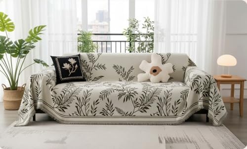 Image of The Furnishing Tree 3 Seater Reversible Chenille Sofa Cover, Double-Sided Luxury Throw, Anti-Slip Couch Cover, Soft & Comfortable Sofa Towel for All Seasons, Light Willow Leaf