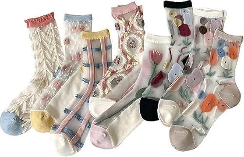 Image of 7 Pairs Women Floral Sheer Sock Elastic See Through Socks Summer Thin Mesh Lace Jacquard Socks Cottagecore Accessories